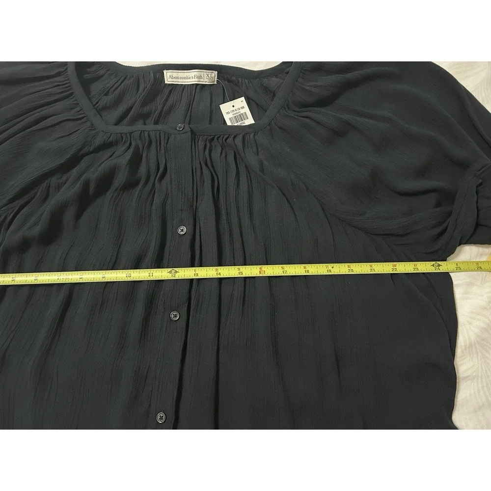 Abercrombie & Fitch Women's Blouse XL Black Short Puff Sleeves Sheer Buttons New